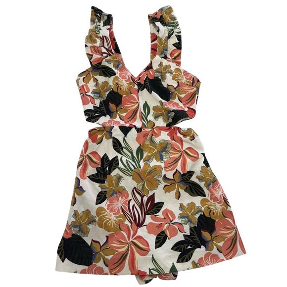 Zara Trafaluc Romper Womens XS Floral Ruffle Strap V Neck Side Zip Resort Summer - Picture 1 of 7